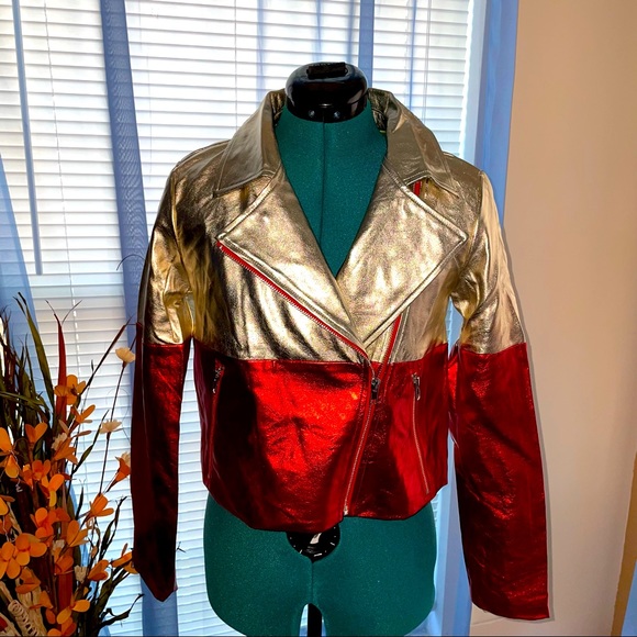 Honey Punch | Red & Gold Cropped Moto Jacket - Picture 1 of 5